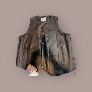 Genuine Leather 50 Biker Vest Mens Black  New Concealed Pocket Side Lace